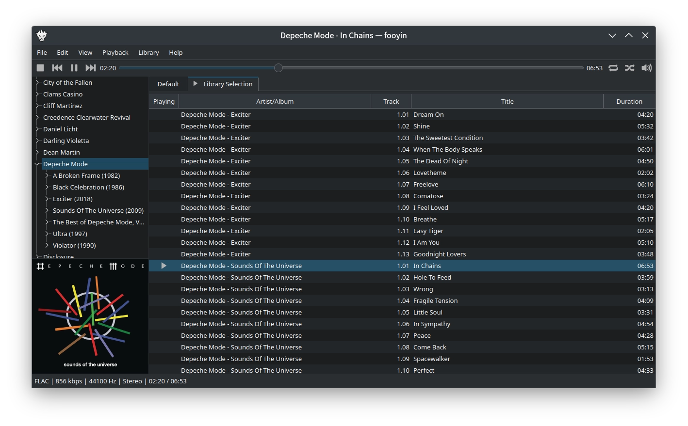 Screenshot of the fooyin simple layout in dark mode